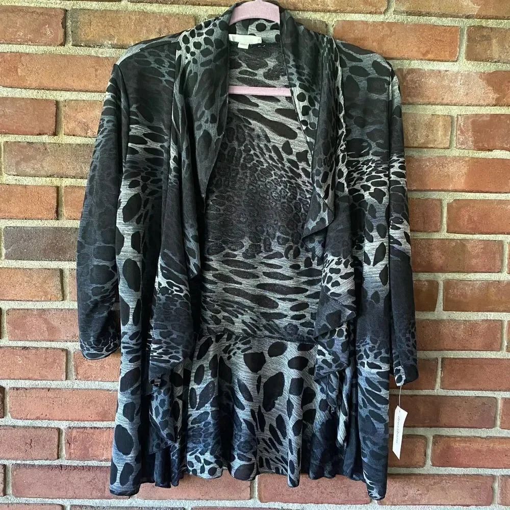 Dress Barn Animal Print Open Front Ruffle Cardigan Black Silver Large